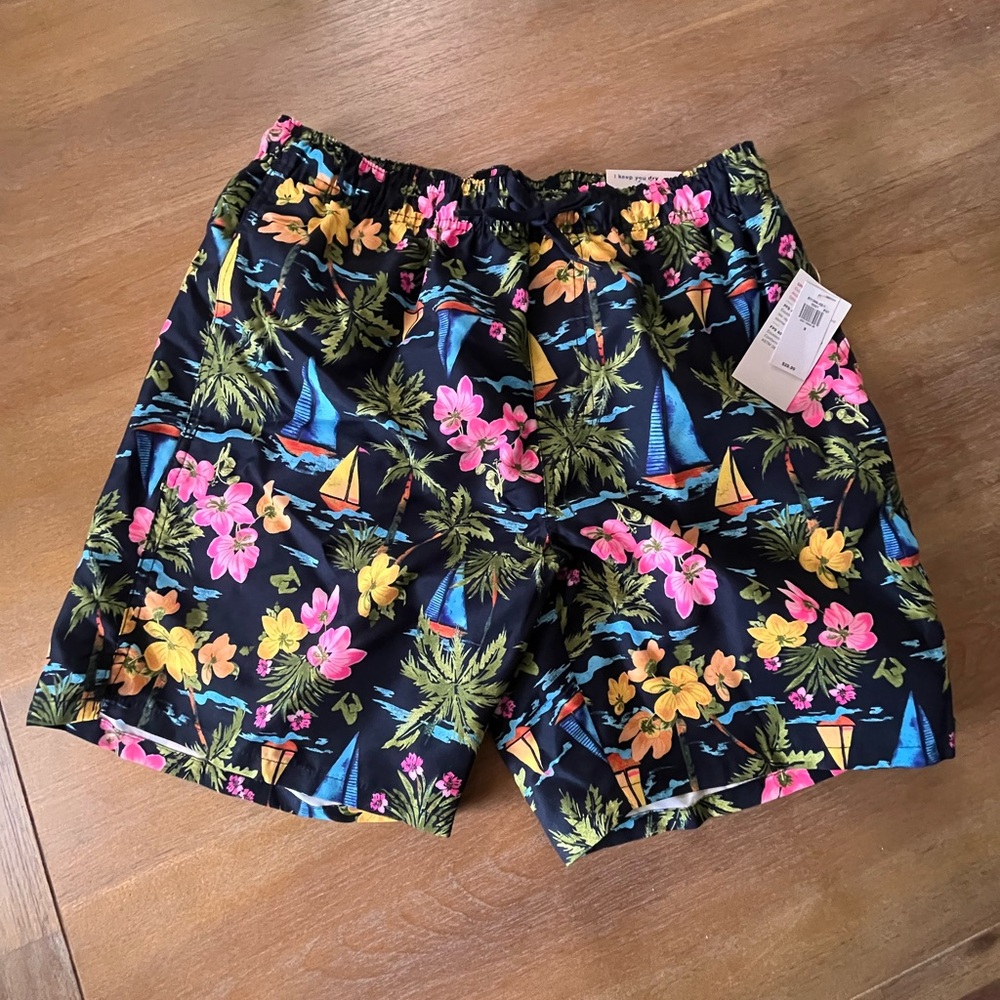 Old Navy Black and Pink Swim Trunks Tropical Floral Print